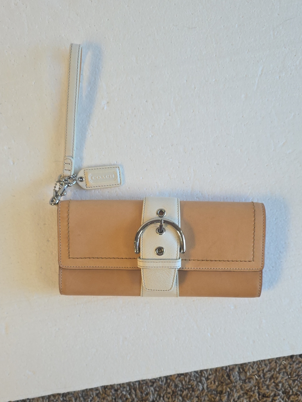 Coach Leather Clutch Wristlet in Beige and White